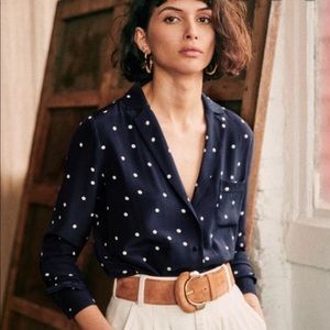 Sezane Florence Silk Shirt - Navy / Ecru Polka Dot